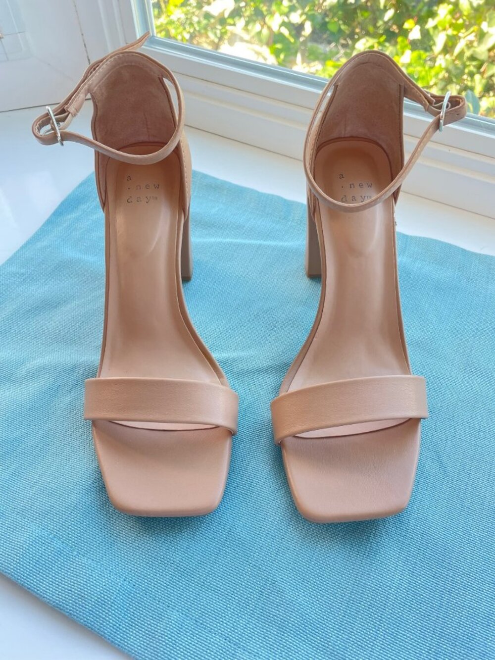 A New Day Beige woman's block heels 8.5, 4 inch heel, ankle strap